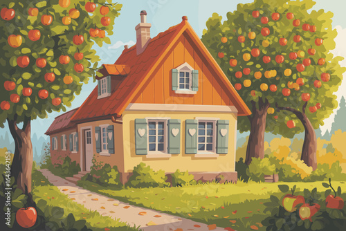 Charming countryside cottage with apple trees in blossom, garden greenery, cozy rural house, autumn harvest