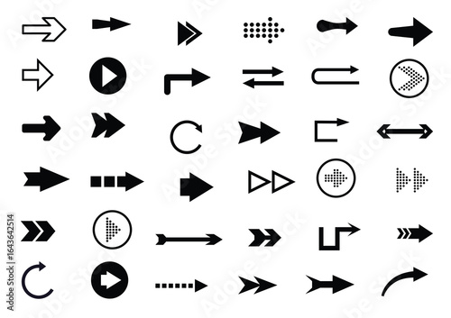 Set of thin arrow. Arrow icon. Arrow vector collection.  Contains symbol of various arrow head point shape, play, pause, next button symbol. EPS 10. 