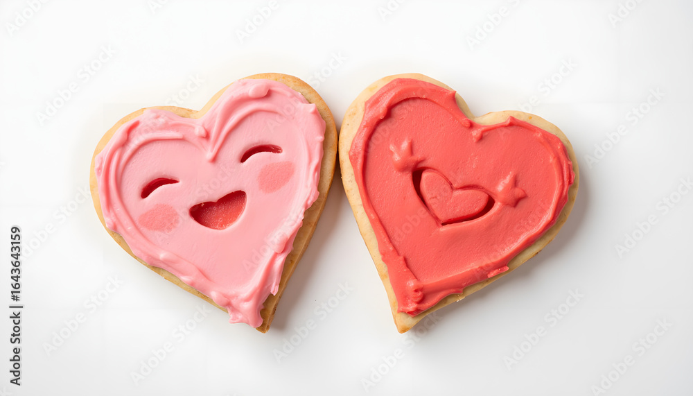 Heart-shaped cookies with cheerful icing on white background Heart-shaped cookies with cheerful icing on white background