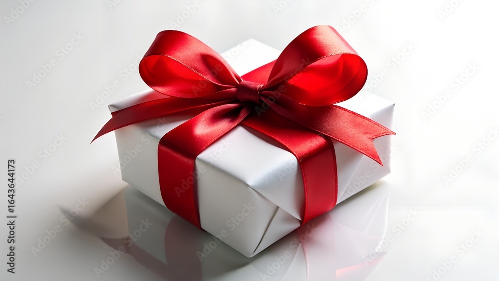 Obraz premium A simple white gift box with a vibrant red ribbon and bow, tied neatly, isolated on white background, perfect for any special occasion