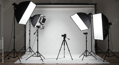 Modern photo studio setup with professional lighting equipment, a camera on a tripod, and a seamless white backdrop for a photoshoot.