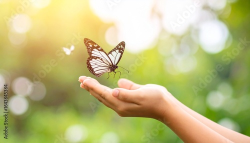 A hand releasing a butterfly into the sky, symbolizing freedom, environmental care, and the impact of reducing carbon emissions on World Earth Day