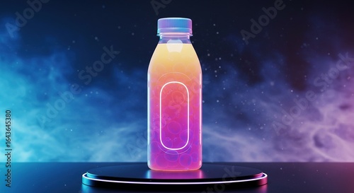 A vibrant bottle of juice stands out with neon glow and dark backdrop