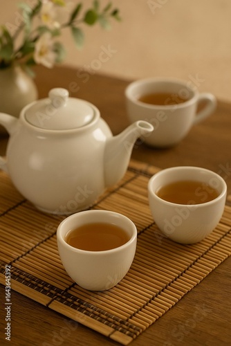 White Porcelain Teapot and Teacups on Bamboo Mat