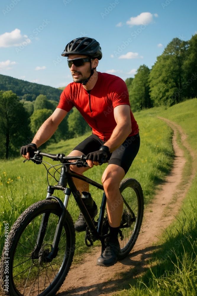 Fototapeta premium Cyclist pedaling mountain bike on dirt trail, wearing protective gear amid scenic countryside setting