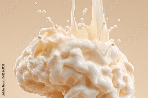 Creamy liquid sculpted into a brain shape, with splashes erupting upwards against a muted beige background