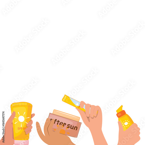 SPF 50 sunscreen, after sun balm, stick, bottle in hands, healthy skincare, sun shield, summer cartoon illustration