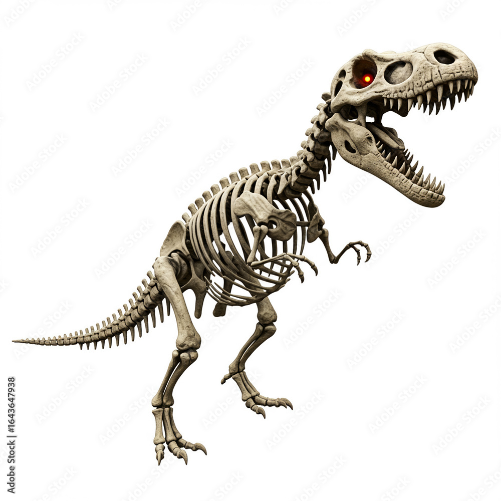 Fototapeta premium Cartoon Dinosaur Skeleton Roaring for Halloween, Isolated on White. High Detail.