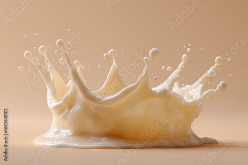 Creamy, pale-yellow liquid explodes in a crown-like splash against a muted beige background; droplets and textures are detailed, suggesting thickness and viscosity