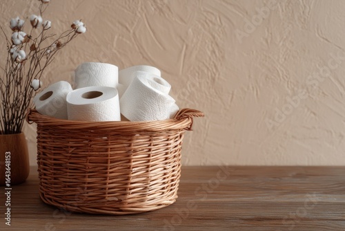 A wicker basket brimming with white toilet paper rolls sits on a wood surface, next to dried flowers in a small vase against a textured beige wall
