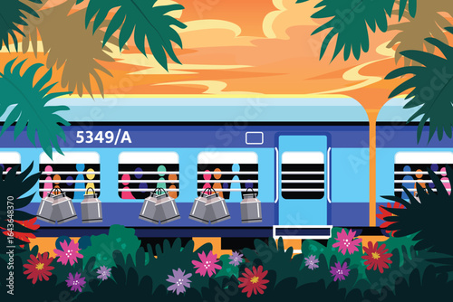 Indian Train Hand Drawn Flat Composition