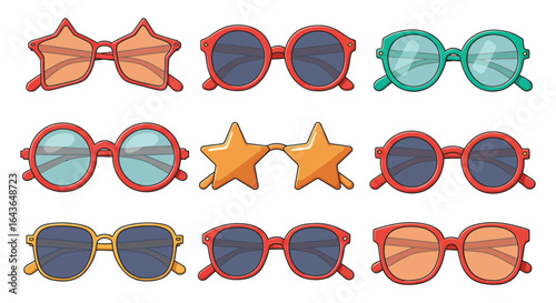 Collection of Funny Cartoon Sunglasses in Different Shapes and Colors Isolated