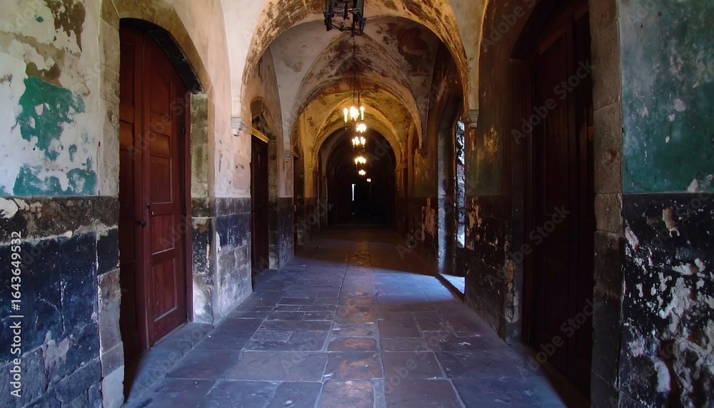 Fototapeta premium Historic hallway interior with dim light