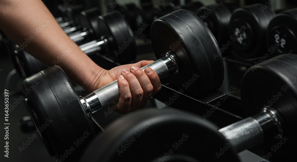 Fototapeta premium Focused Grip: Man's Hand Lifting a Knurled Chrome Dumbbell from a Dark Gym Rack