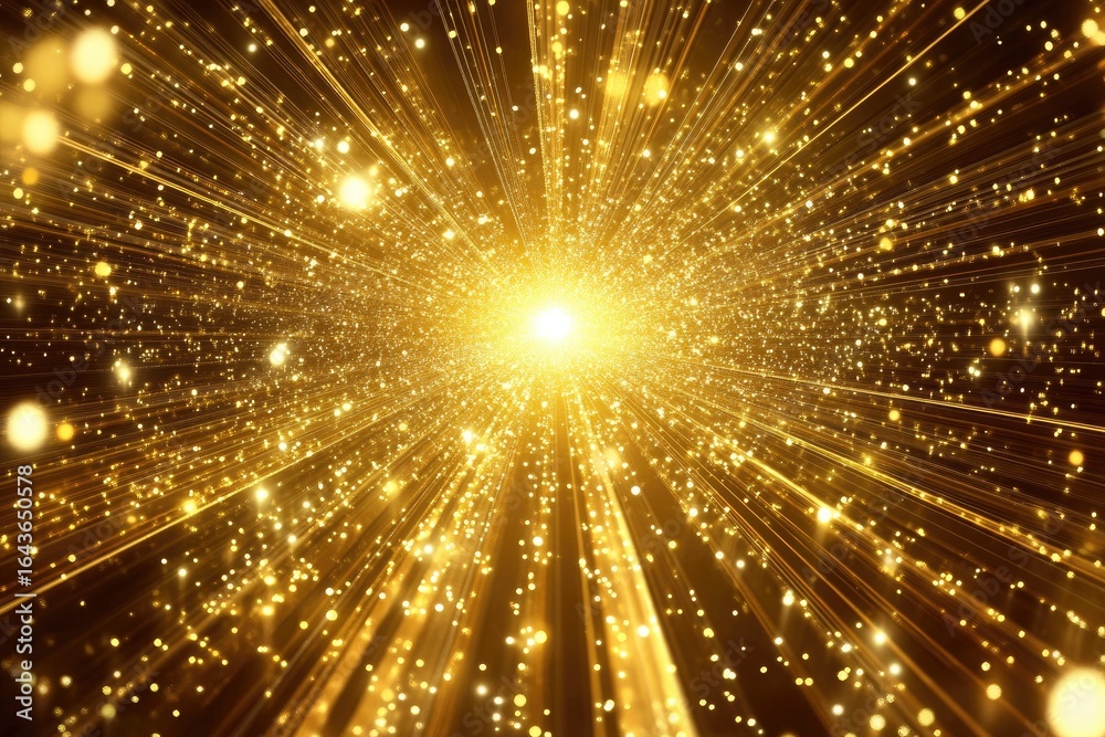 Naklejka premium A radiant, golden explosion of light streaks and shimmering particles emanates from a bright central core, creating a dynamic, energetic, and celebratory visual