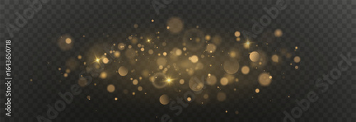 Christmas glowing bokeh confetti light and glitter texture overlay for your design. Festive sparkling gold dust png. Holiday powder dust for cards, invitations, banners, advertising.	

