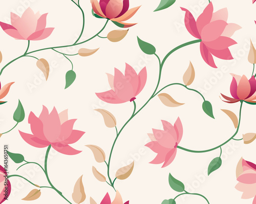 Seamless floral pattern with delicate pink lotus flowers and green leaves