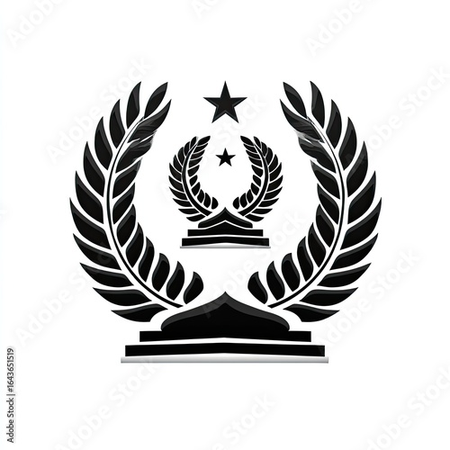 Black emblem with laurel wreath, star, and pedestal