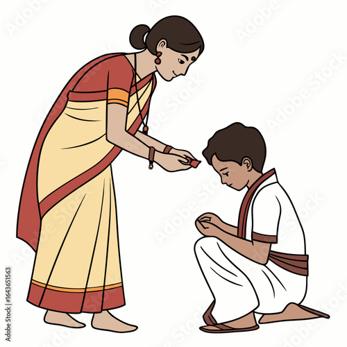 A mother in a traditional sari applies a tilak on her son s forehead during a religious ceremony or festival