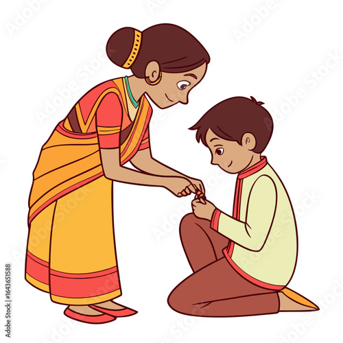 A woman in traditional indian attire ties a rakhi bracelet on her brother s wrist during a festival celebration