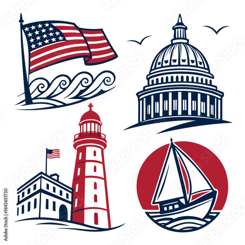 Collection of american patriotic symbols including a waving flag capitol building lighthouse and sailboat