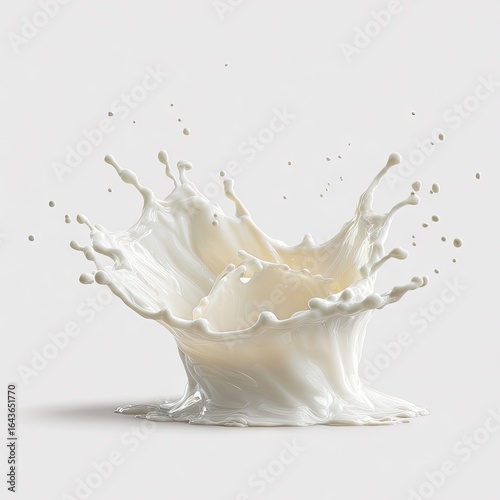 Creamy white liquid explodes in a dynamic splash against a light gray backdrop, forming a crown-like shape with delicate tendrils reaching outwards