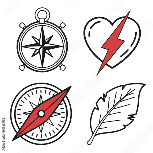 Collection of four hand drawn icons featuring compasses heart with lightning bolt and feather on white background