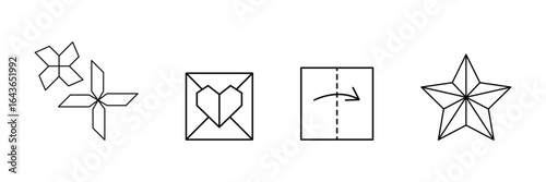 Origami shapes, paper folding, heart envelope, decorative star, instruction symbol, geometric flower, minimal line, creative icons, abstract design set vector icon illustration.