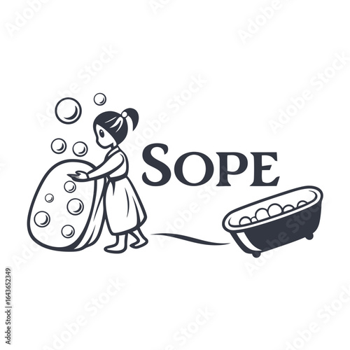 Cute cartoon girl holding a large sponge with bubbles next to the word sope and a bathtub full of bubbles