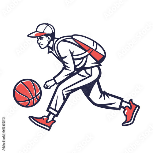 Dynamic illustration of a young man wearing a baseball cap and backpack dribbling a basketball with focus and athletic movement
