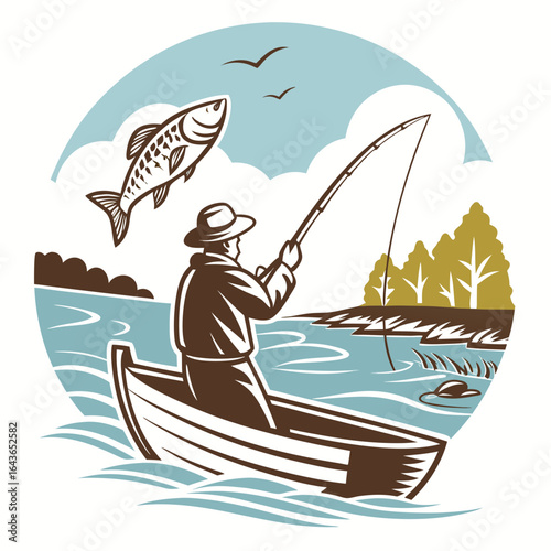 Fisherman in a rowboat casting a line with a jumping fish and birds in a scenic outdoor landscape