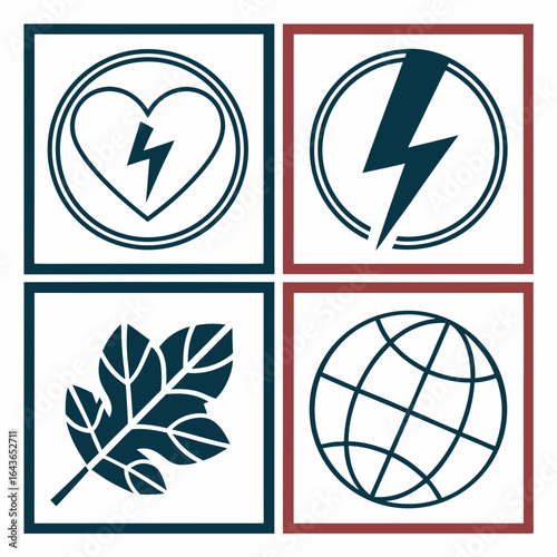 Four distinct icons representing health energy nature and global connectivity arranged in a grid format