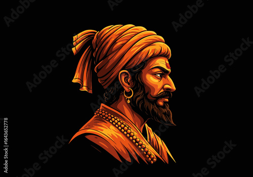 Vector art of Shivaji Maharaj in profile with traditional turban and jewelry in orange-yellow tones on black, symbolizing Maratha pride.