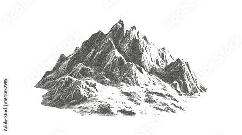 Halftone stipple effect mountain. Vintage noisy photocopy background with mound. Retro vector illustration on transparent background.