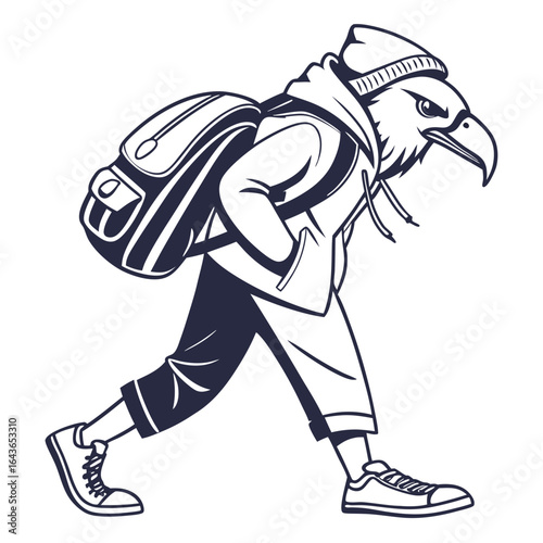 Stylized eagle character wearing a beanie and hoodie with a backpack walking confidently
