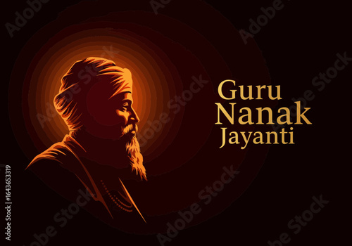Dramatic silhouette of Guru Nanak in glowing orange on maroon background with bold "Guru Nanak Jayanti" text for Sikh festival poster.