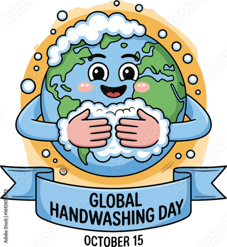 Cartoon Earth washing hands with soap and bubbles for Global Handwashing Day