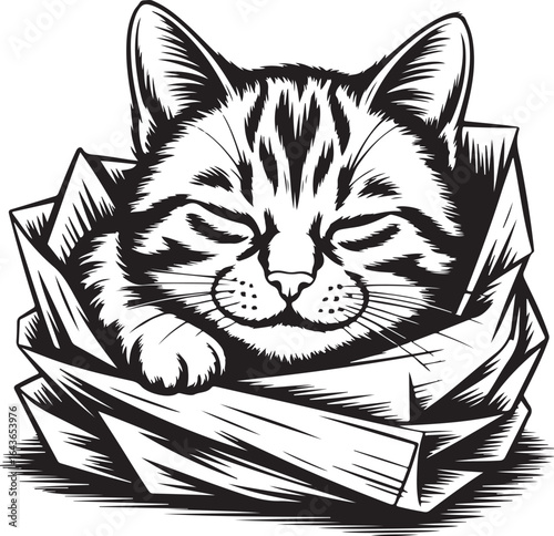 Adorable Striped Cat Napping Peacefully in Paper Bag
