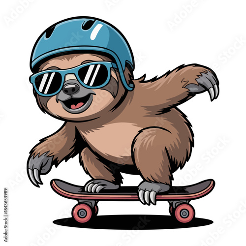 Cool cartoon sloth riding a skateboard wearing sunglasses and helmet in fun extreme sport illustration