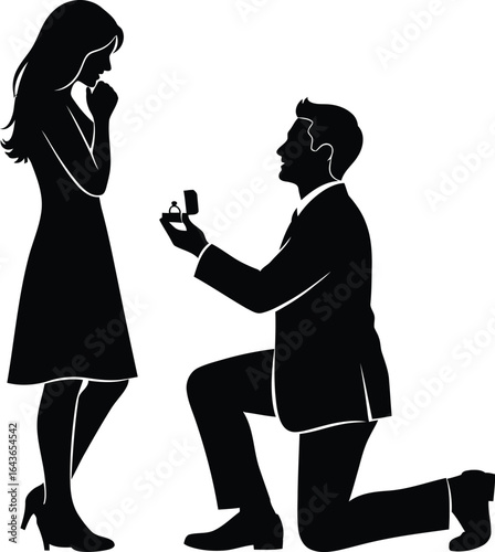 A man is proposing to a woman, he is kneeling and offering her a ring, and she looks surprised and happy