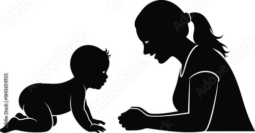 Mother and baby crawling towards each other, symbolizing love, care, and bond between parent and child during early development