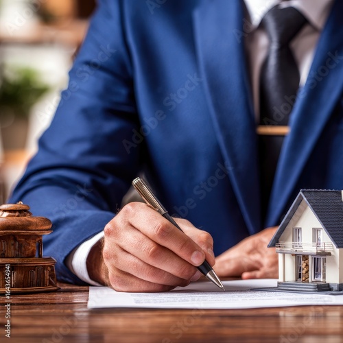 Businessperson in suit signs legal document, model home nearby