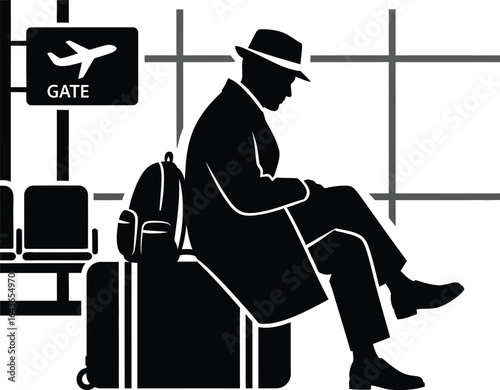 Man waiting at airport gate, reading newspaper while sitting suitcase, symbolizing business trip, travel, and anticipation of flight