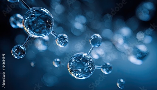 Crystalline molecular structure, rendered in shades of deep blue, against a blurred bokeh background, showing interconnected spheres representing atoms