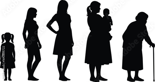 Silhouette of a woman's life cycle, showing stages of growth from childhood to old age a symbolic representation of aging and passage of time