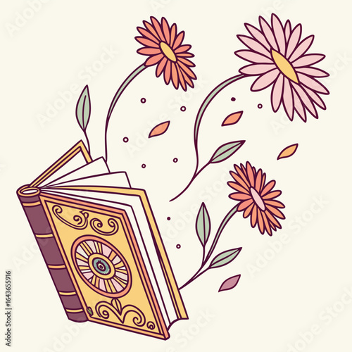 Enchanting open spellbook illustration adorned with delicate gerbera flower petals evoking a sense of magic and fantasy