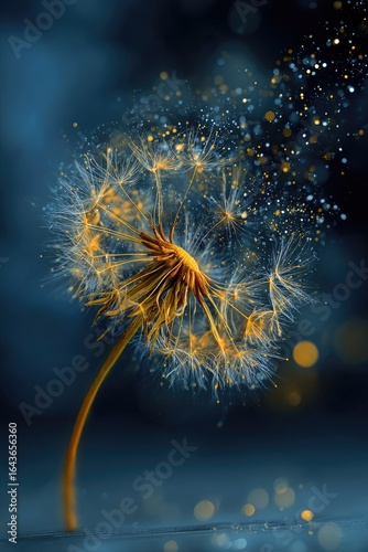 Dandelion clock with gold-tinged seeds dispersing, glowing softly against a dark blue, bokeh-filled background