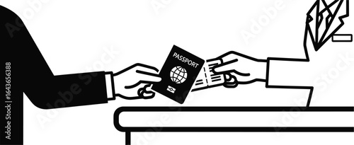 Illustration of a passport and ticket being exchanged between two hands at a border control or immigration checkpoint, representing international travel