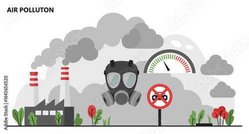 Air pollution concept with gas mask and industrial smoke in flat design