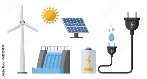 Sustainable energy icons: wind turbine, solar panel, hydroelectric, battery, plug